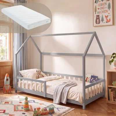 Obrázok produktu pre Detská posteľ "Hesel" s matracou a bočnicami na ochranu pred vypadnutím, rozmer 90 x 200 cm, materiál: borovicové drevo, farba: sivá/biela
