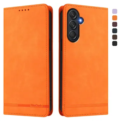 Produktbild von Hülle für Samsung Galaxy M55, Retro Kunstleder Ständer Klapphülle mit Kartenfächer und Magnetische Orange