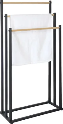 Produktbild von Relaxdays Handtuchständer, HBT: 86 x 44 x 21 cm, Metall, 3 Stangen in Holzoptik, stehender Handtuchhalter, schwarz/natur