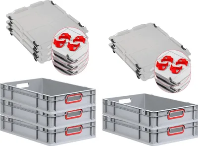 Produktbild von SparSet 5x Eurobox NextGen Color mit Auflagedeckel und Schiebeschnappverschlüsse | HxBxT 12x40x60cm | 23 Liter | Grau | Griffe rot offen | Glatter Boden | Eurobehälter, Transportbox, Transportbehälter, Stapelbehälter