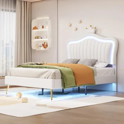 Produktbild von Kinderbett, Bettgestell mit LED-Leuchten, Lattenrost und Rückenlehne(Matratze nicht enthaltet) 90 x 200 cm