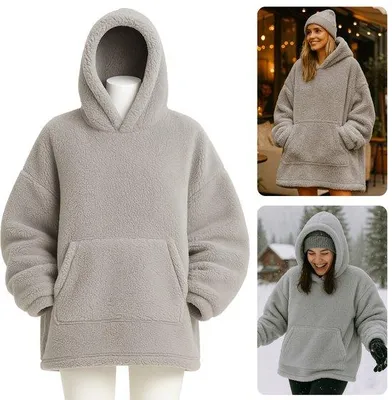 Produktbild von Unyqoos® Teddy-Hoodie-Decke für Damen, Grau – Oversized Kuschel-Hoodie aus Teddy-Polyester, One Size (ca. 115 x 80 cm), Kapuze & Bauchtasche, waschbar 30 °C