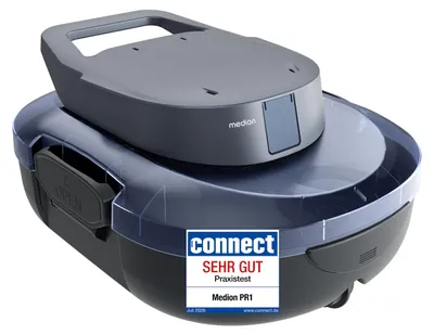 Produktbild von MEDION PR1 Poolroboter Akku, für Aufstellpool, Bodenreinigung für Pools, One-Click-Bedienung, Selbstparkfunktion, 120 Min Akkulaufzeit, 2,2 L Filterkapazität, für 80–100 m², inkl. Ladegerät & Haken