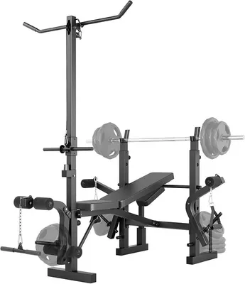 Produktbild von Hantelbank Set für Krafttraining , Verstellbare und klappbare Trainingsbank mit Squat Rack, Beinstrecker, Curlpult, Lat-Zug , Flach- & Schrägbank für Gewichtheben im Home Gym