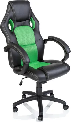 A black and green racing-style office chair is shown from a front-side angle against a white background.