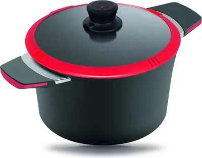Produktbild von 37400 Squality Guss-Kochtopf inkl. Glasdeckel mit Abgießfunktion, 4.0l  Volumen, 24cm, fettfrei, Rot, Induktion