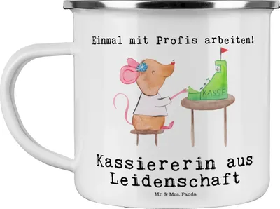 Produktbild von Mr. & Mrs. Panda Emaille Tasse Kassiererin Leidenschaft - Weiß - Geschenk, Blechtasse, Spruch, Lustig, Teetasse, Witzig, wandertasse, Pott, Kassenwartin, becher