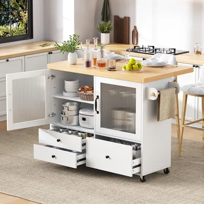 Image de Îlot de cuisine – Chariot de cuisine – Table de bar mobile avec roulettes, porte-bouteilles à vin et table pliante