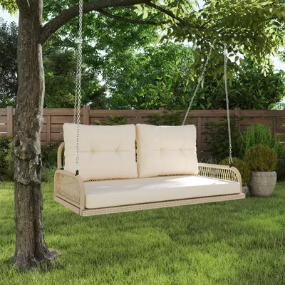 Produktbild von Hollywoodschaukel 2-Sitzer PE-Rattan Stahl, Gartenschaukel mit Kissen wetterfest, Beige | 115x66x44 cm | bis 240 kg | pulverbeschichtet