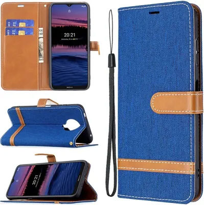 A collage of images showing a blue and brown flip-style phone case for a Nokia G10/G20, including views of the case open, closed, and standing up.