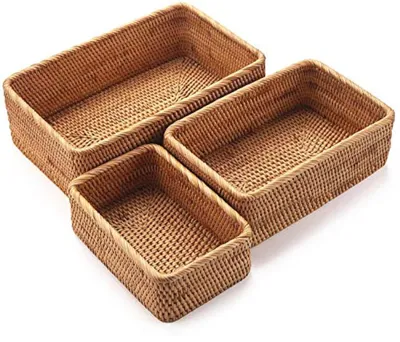 Produktbild von Set aus 3 Rattan Aufbewahrungskörben - Natürlich gewebt für Badezimmer und Wohnzimmer