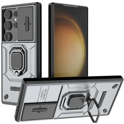 Produktbild von Hülle für Samsung Galaxy S25 Ultra Dual Layer Handyhülle Schiebe Kamera Schutz und Ringhalter Ständer Grau