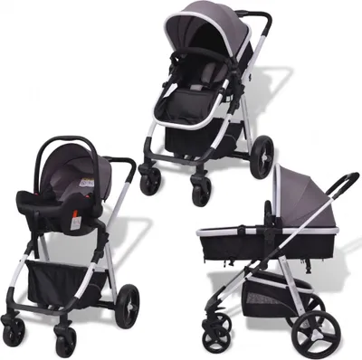 Produktbild von vidaXL 3-in-1 Kinderwagen Aluminium Grau und Schwarz