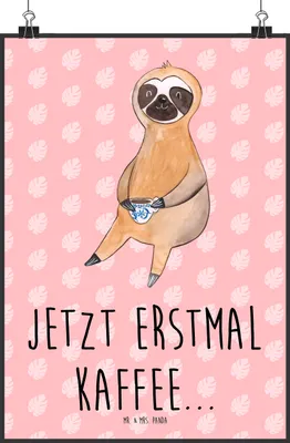 Produktbild von Mr. & Mrs. Panda Bild Faultier Kaffee DIN A2 - Rot Pastell - Geschenk, wandkunst, Plakat, kunstdruck poster, wanddeko, Wanddekoration, Kaffeetasse, Coffee