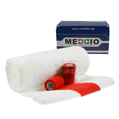 Produktbild von Mullwatterolle 40x500cm + 12 Haftbandagen 10cm rot Mullwatte Verbandwatte Mull