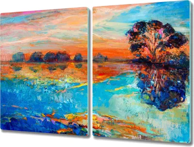 Produktbild von Coloray Schneidebrett Herdabdeckplatte 2x40x52 cm Kochplattenabdeckung Küchenbrett Hackbrett - Wasser Baum Sonnenuntergang