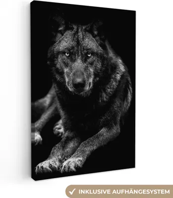 Produktbild von MuchoWow® - Leinwandbilder - Tiere - Wolf - Schwarz - Weiß - Porträt, Wandbild, Wanddeko Bilder Wohnzimmer, 40x60 cm
