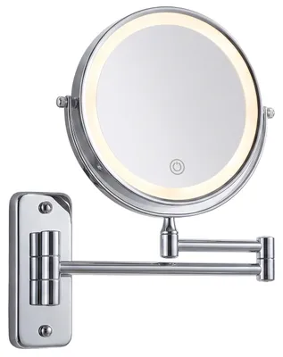 Image de Miroir de maquillage mural Relaxdays, avec éclairage LED, grossissement 10x, pivotant à 360°, Ø 17,5 cm, métal, batterie rechargeable via USB, argent