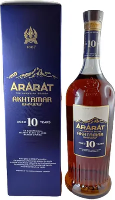A bottle of Ararat Akhtamar 10 Years Old Armenian Brandy and its gift box are displayed against a white background.