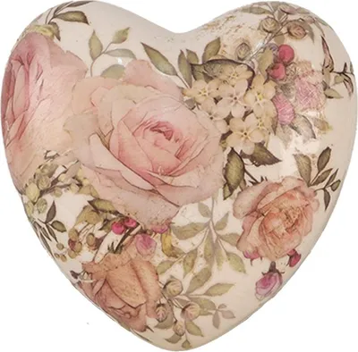 Zdjęcie produktu dla Clayre & Eef Dekoracja Serce 11x11x4 cm Beżowo-różowe ceramiczne kwiaty
