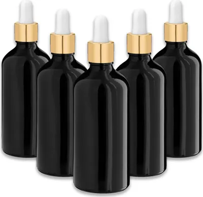Produktbild von 5x Glasflasche schwarz 100 ml mit goldener Pipette Flaschen Apothekerflaschen