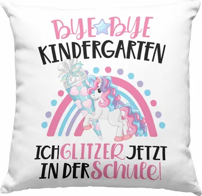 Produktbild von Trendation - Schulkind 2022 Einhorn Einschulung Mädchen Geschenk Deko-Kissen mit Füllung 40x40 Schulstart 1. Schultag Schuleinführung Schulanfang Geschenkidee 2022 Schulkind Pferde Grafik (Grün)
