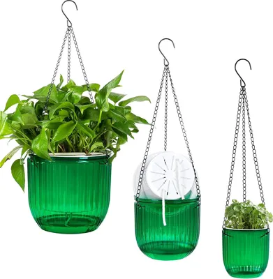 Produktbild von Set mit 3 hängenden Blumentöpfen aus Kunststoff mit Drainagelöchern und Ketten, geeignet für den Innen- und Außenbereich, Gartenterrasse (grün)