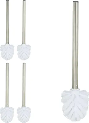 Obrázok produktu pre Relaxdays WC kefa, sada 5 ks, plast, rukoväť z nehrdzavejúcej ocele, odnímateľná hlavica, V x H: 35 x 8 cm, WC kefa, biela