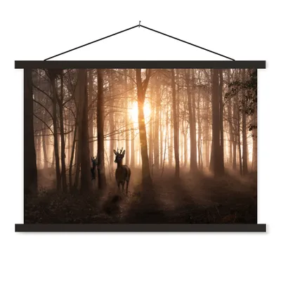 Produktbild von MuchoWow® Textilposter Wald - Hirsche - Sonne - Bäume - Winter - Natur - Tiere 60x40 cm mit schwarzem Rahmen - Hölzernes