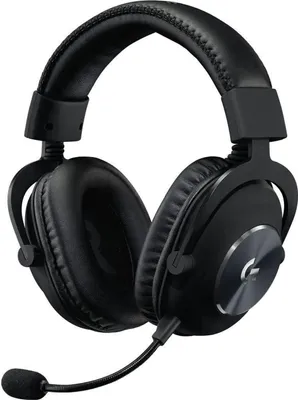 A black Logitech G PRO X gaming headset with a microphone is shown against a white background.
