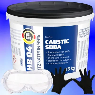 Produktbild von Ätzsoda Rohrreiniger 15kg Eimer Abflussfrei kaustisches Soda Natronlauge + Schutzbrille + Nitrillhandschuhe Arbeitskomfort Set HB04