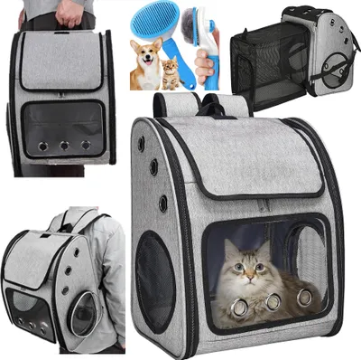 A collage of images showing a pet carrier backpack and pet grooming tools.