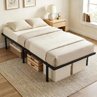 Image de Lit en métal 90x200 avec espace de rangement, lit simple en métal avec sommier à lattes, couleur noire | Hauteur sous le lit : 31,6 cm | Poids : 136 kg | Structure à 6 pieds