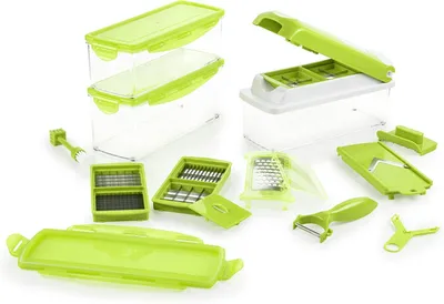 A collection of kitchen vegetable cutting tools and containers.