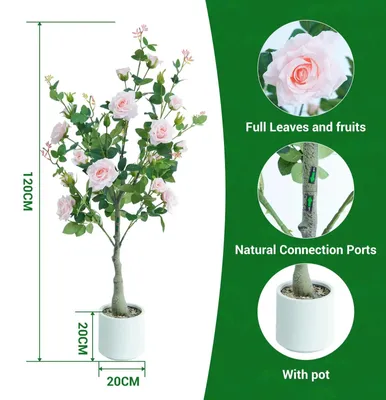Immagine prodotto di Albero di rose artificiale - Pianta da interno in vaso, altezza 120 cm - Fiori in seta realistica - Foglie resistenti ai raggi UV - Set da 2 - Rosa