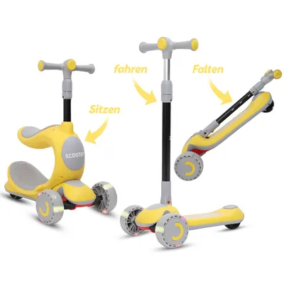 Produktbild von Habib Kinderroller 3-Rad mit LED Licht | Klappbar & Höhenverstellbar: Gelb