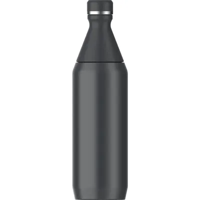A studio shot of a black bottle against a white background.