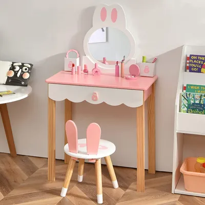 Produktbild von 2 in 1 Kinder Schminktisch mit abnehmbarem Spiegel & Hocker, Frisierkommode, Prinzessin Frisiertisch mit Schublade, Kosmetiktisch für Kinder Mädchen Rosa