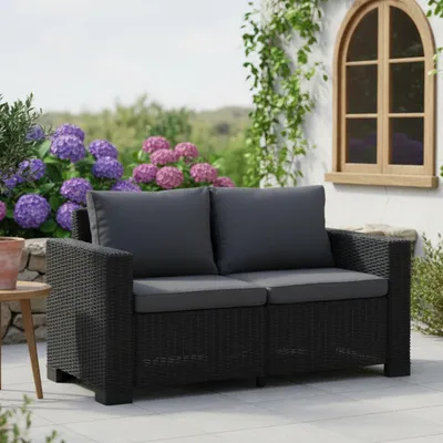 Productafbeelding van Keter tuinloungeset, tweezitsbank, California-model, grafiet/lichtgrijs, inclusief zit- en rugkussens