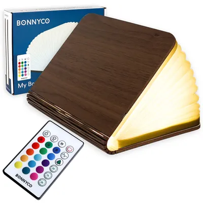 Produktbild von BONNYCO Buchlampe Holz mit Farbwechsel 16 Farben und Timer. LED Buchlampe Geschenk für Frauen und Männer zum Geburtstag Weihnachten. Kleine Lampe Deko Wohnzimmer Schlafzimmer Zimmer, Buch Lampe Nussbaumholz Groß