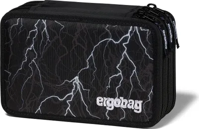A black pencil case with a lightning bolt pattern and the brand logo.