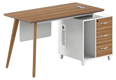 Image de Bureau moderne en bois et blanc avec espace de rangement et pieds en bois élégants
