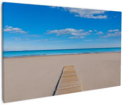 Produktbild von Wallario Premium Leinwandbild Auf dem Holzweg zum blauen Meer in Größe 60 x 90 cm