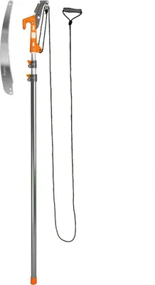 A gardening tool set including a pole saw and pruning shears, laid out against a white background.