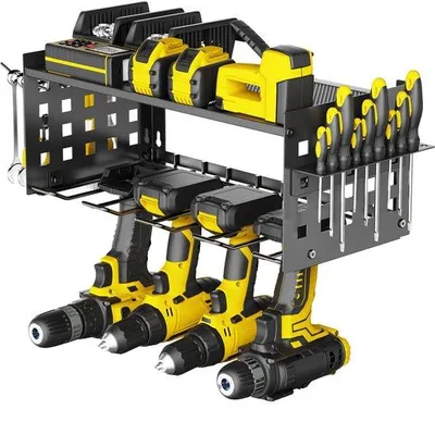 Produktbild von Elektrowerkzeugregal 2 Ebenen für 4 Stück, Wandhalterung für Garage, Schrauber für Schwarz