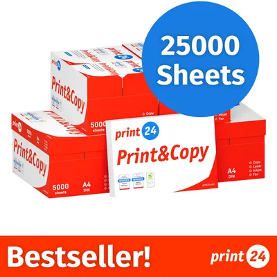 Zdjęcie produktu dla NOWOŚĆ: print24 Papier do drukarek i kopiarek, 25000 arkuszy, 50 x 500, A4, Premium, ekstra biały, CIE 160, Zwycięzca testów, Certyfikat PEFC
