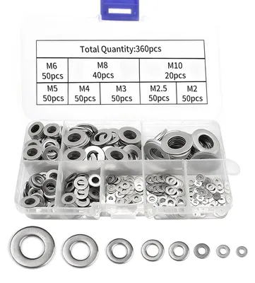 Produktbild von Unterlegscheiben-Set aus Edelstahl, 360 Stück, Flachscheiben M2, M2,5, M3, M4, M5, M6, M8, M10 für Schrauben