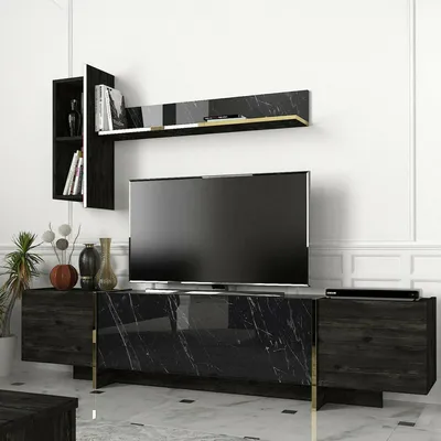 Image de Beinasco - Meuble TV, 180x32x45h cm Noir, 2 Étagères