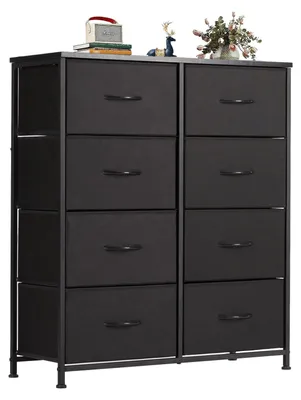 Kommode mit 8 Schubladen, Stoffboxen, Holzplatte, Stahlgestell, Schwarz