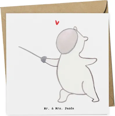 Produktbild von Mr. & Mrs. Panda Glückwunschkarte Panda Fechten - Weiß - Geschenk, doppelkarte, Grußkarte, Klappkarte, anlasskarte, Fecht Verein, Fechter Bund, Club, faltkarte, Sport